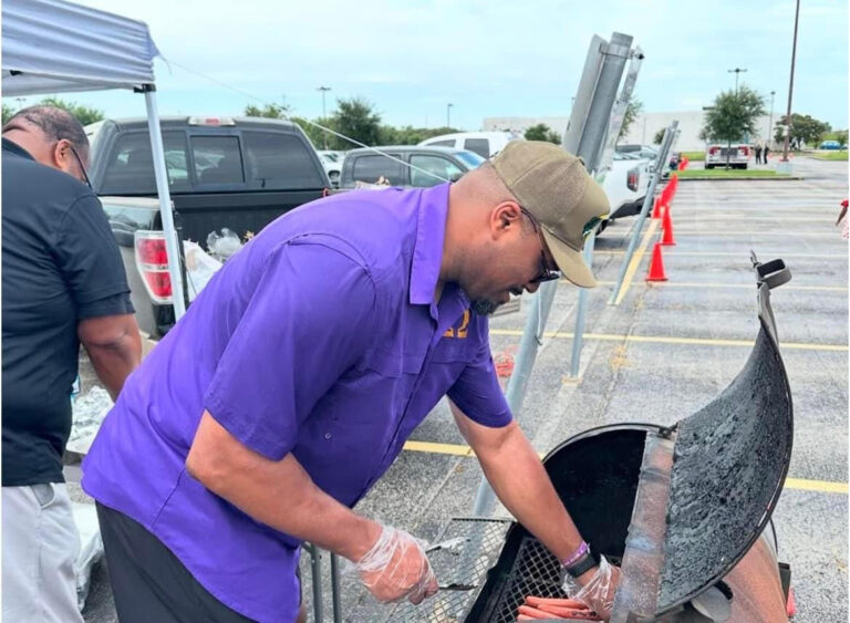 Working the grill.